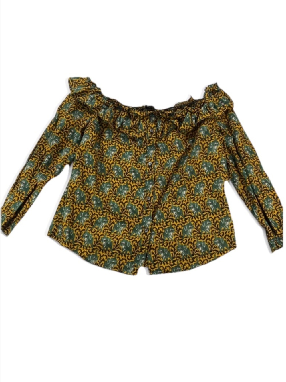 J. Crew Women’s Off-Shoulder Elephant Blouse Green Yellow 100% Cotton Size 6